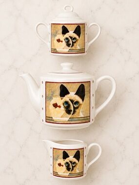 Vintage 1986 Vandor Lowell Herrero Siamese Cat & Fish Bowl Tea Set 3 Pieces